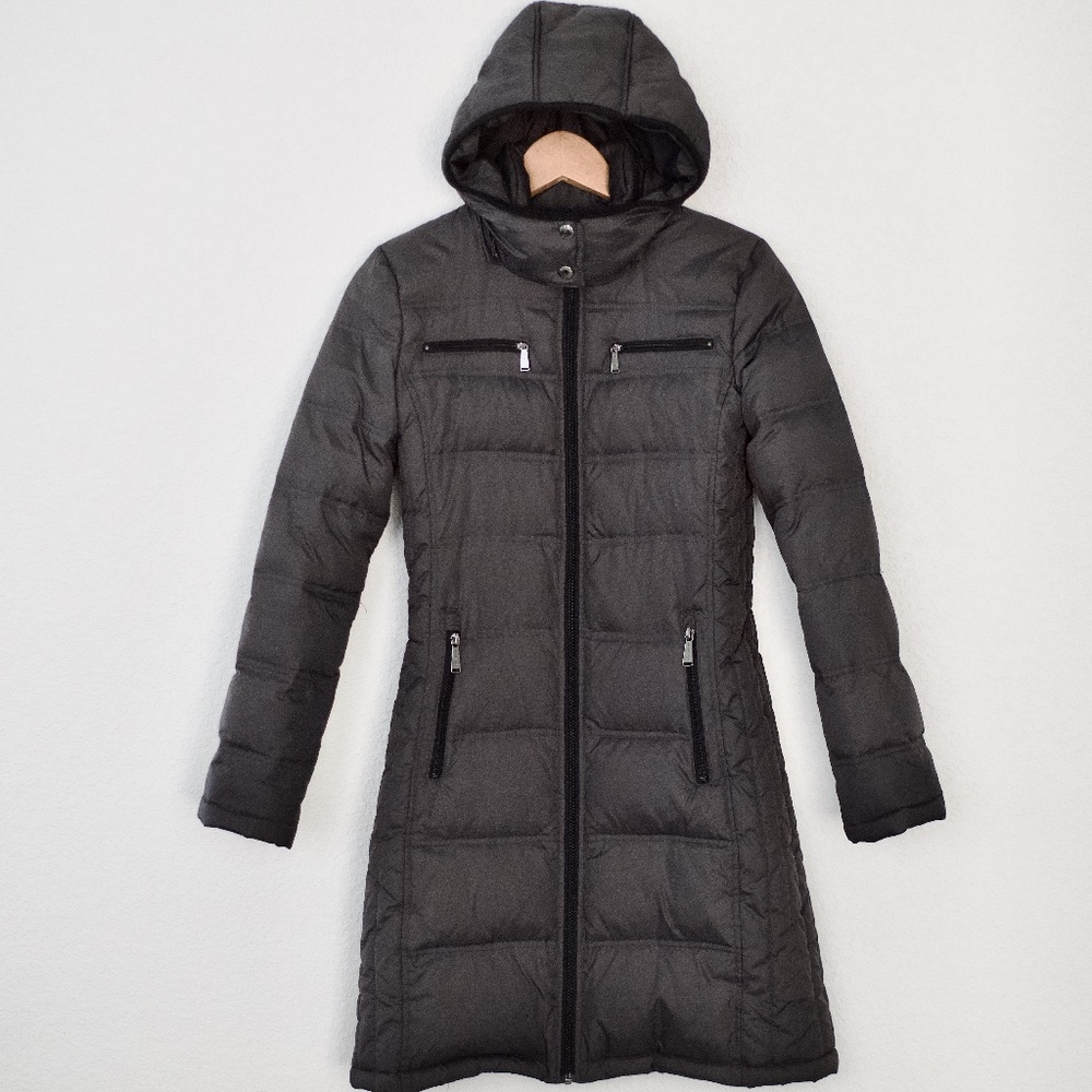 MICHAEL Michael Kors Detachable Hooded Down/Feather Maxi Puffer Gray Jacket XS